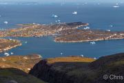 Aerial view on the village of Qeqertarsuaq, Disko Island