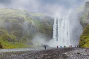The waterfall Skogafoss in typical Icelandic weather, i.e. rain